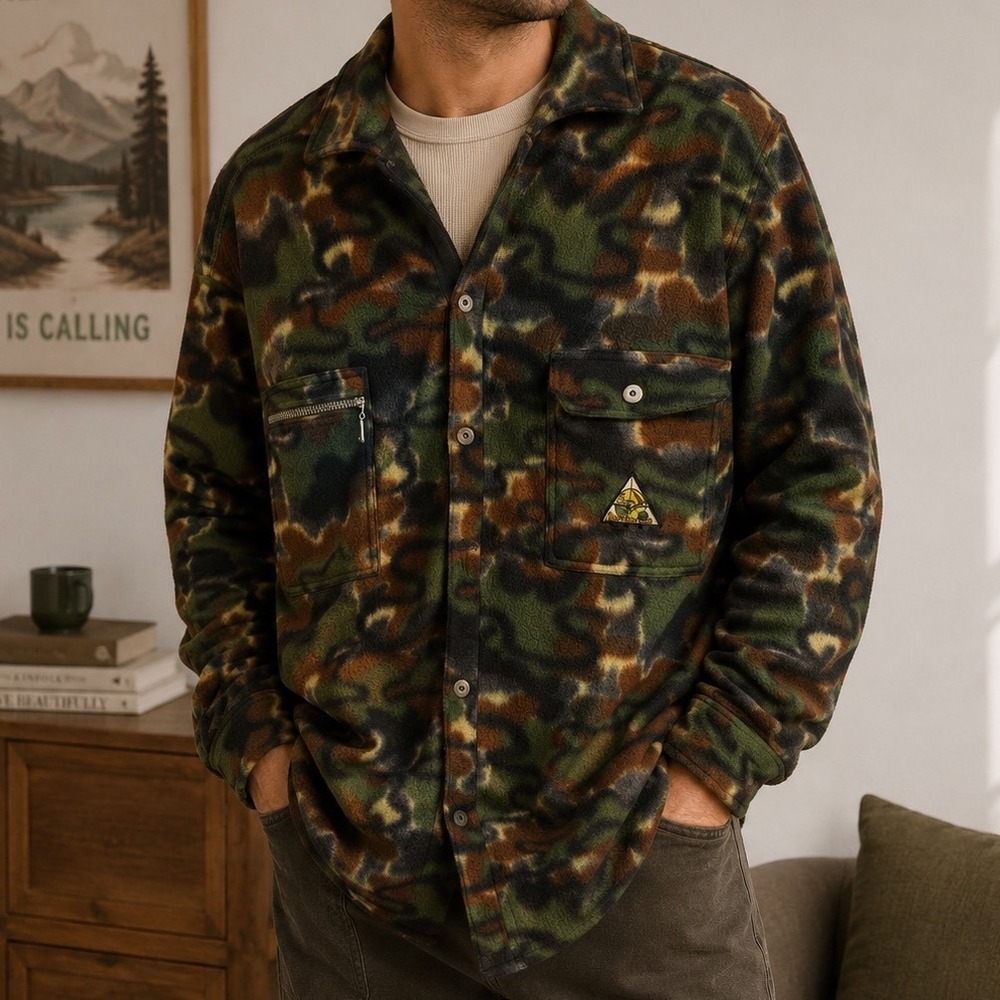 Vintage Bugle Boy Camo Fleece Shirt Jacket Men's XL Snap Front Hunting Grunge